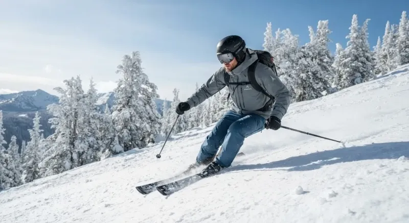A skier carving down the slope on a sunny day